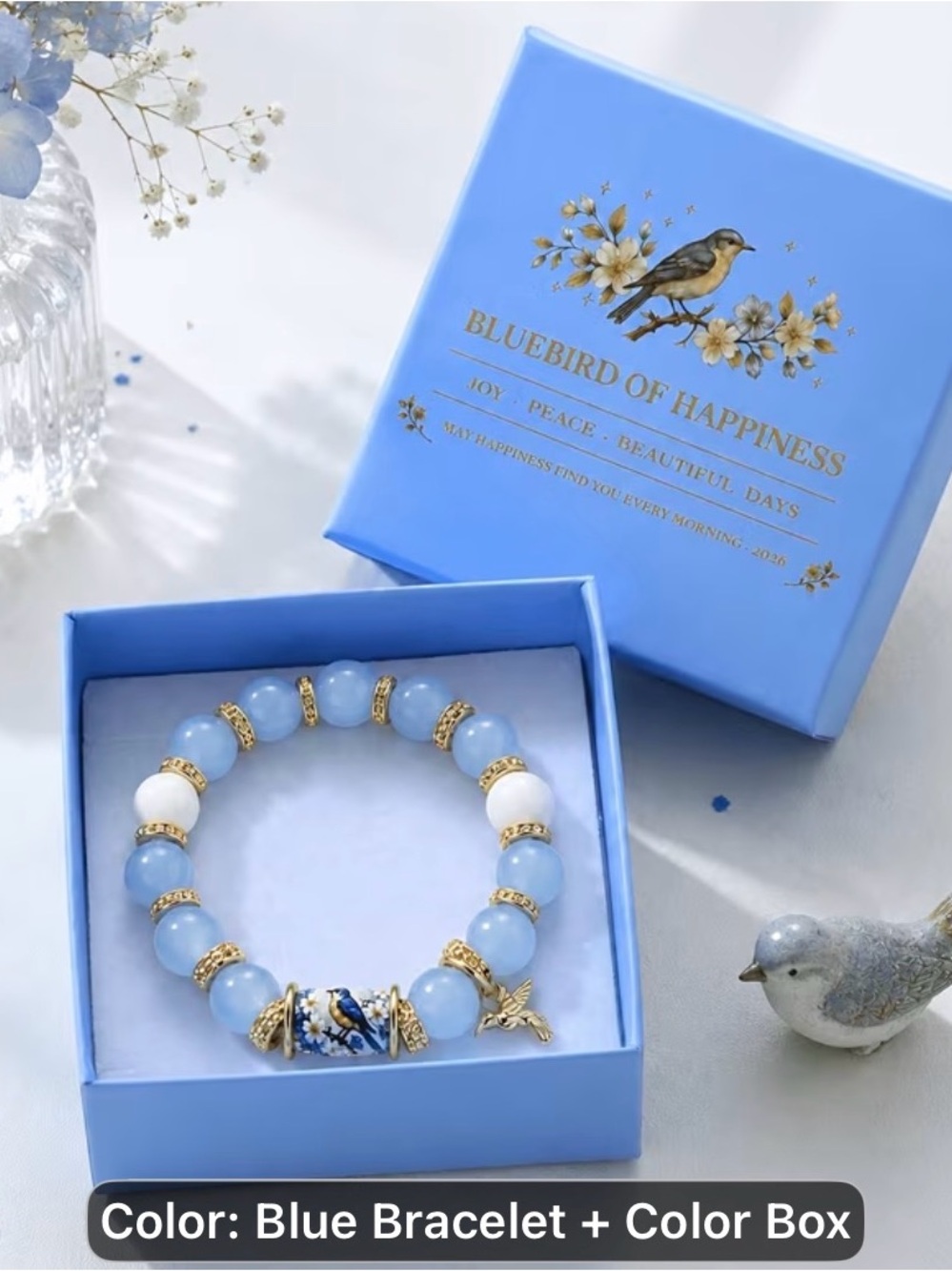 Spring Garden Hummingbirds Blue Beaded Charm Bracelet with Gold Accents -